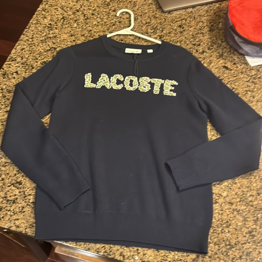 LACOSTE Mens Croco Magic Embroidery Wool Sweater Navy Blue Size 40 Medium NEW